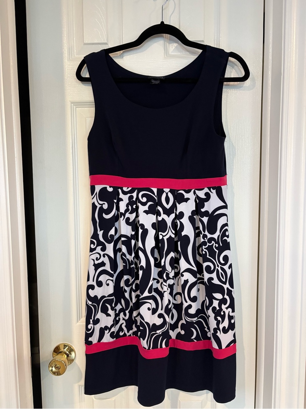 Enfocus Studio Navy Midi Dress with Pink Accents and White Swirl Print